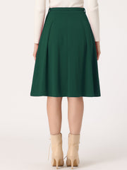 Women's A-Line Belted Waist Casual Midi Flare Pleated Skirt
