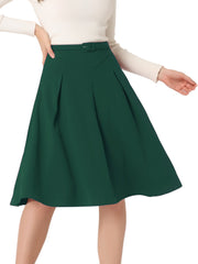 Women's A-Line Belted Waist Casual Midi Flare Pleated Skirt