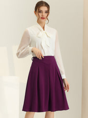 Women's A-Line Belted Waist Casual Midi Flare Pleated Skirt