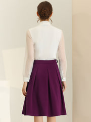 Women's A-Line Belted Waist Casual Midi Flare Pleated Skirt