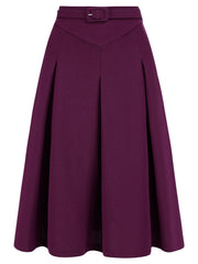 Women's A-Line Belted Waist Casual Midi Flare Pleated Skirt