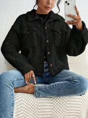 Collared Solid Color Long Sleeves Pockets Fleece Jacket