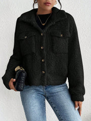 Collared Solid Color Long Sleeves Pockets Fleece Jacket