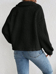 Collared Solid Color Long Sleeves Pockets Fleece Jacket
