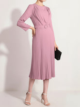 Crew Neck Long Sleeves Belted Pleated Midi Work Dress