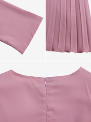 Crew Neck Long Sleeves Belted Pleated Midi Work Dress