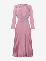 Crew Neck Long Sleeves Belted Pleated Midi Work Dress