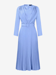 Crew Neck Long Sleeves Belted Pleated Midi Work Dress