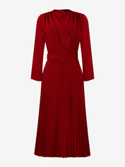 Crew Neck Long Sleeves Belted Pleated Midi Work Dress