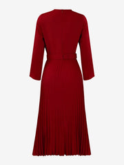 Crew Neck Long Sleeves Belted Pleated Midi Work Dress