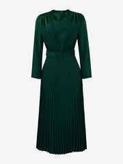 Crew Neck Long Sleeves Belted Pleated Midi Work Dress