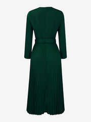 Crew Neck Long Sleeves Belted Pleated Midi Work Dress