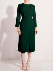 Crew Neck Long Sleeves Belted Pleated Midi Work Dress
