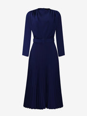 Crew Neck Long Sleeves Belted Pleated Midi Work Dress