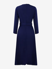Crew Neck Long Sleeves Belted Pleated Midi Work Dress