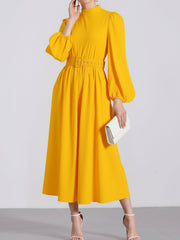 Mock Neck Puff Long Sleeves Belted A-Line Midi Dress