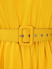 Mock Neck Puff Long Sleeves Belted A-Line Midi Dress