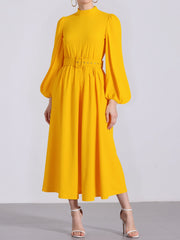 Mock Neck Puff Long Sleeves Belted A-Line Midi Dress