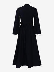 Mock Neck Puff Long Sleeves Belted A-Line Midi Dress