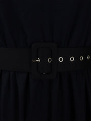 Mock Neck Puff Long Sleeves Belted A-Line Midi Dress