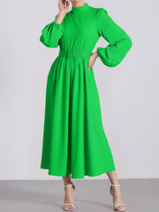 Mock Neck Puff Long Sleeves Belted A-Line Midi Dress