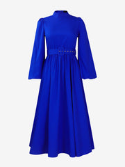 Mock Neck Puff Long Sleeves Belted A-Line Midi Dress