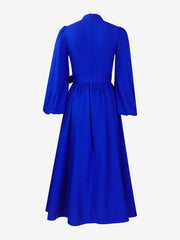 Mock Neck Puff Long Sleeves Belted A-Line Midi Dress