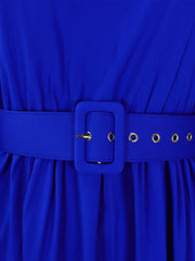 Mock Neck Puff Long Sleeves Belted A-Line Midi Dress