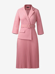 Notched Lapel 3/4 Sleeves Belted Pleated Midi Work Dress