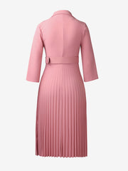 Notched Lapel 3/4 Sleeves Belted Pleated Midi Work Dress
