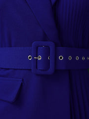Notched Lapel 3/4 Sleeves Belted Pleated Midi Work Dress