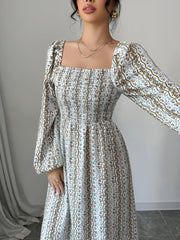Floral Smocked Square Neck Puff Sleeves Maxi Dress