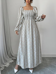 Floral Smocked Square Neck Puff Sleeves Maxi Dress
