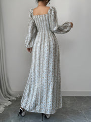 Floral Smocked Square Neck Puff Sleeves Maxi Dress
