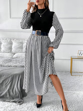 Houndstooth Patchwork Mock Neck A-Line Midi Dress