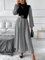 Houndstooth Patchwork Mock Neck A-Line Midi Dress