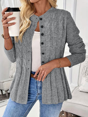 Cable Knit Crew Neck Long Sleeves Cardigan