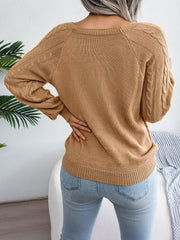 Round Neck Button Decor Cable Knit Pullover Sweater