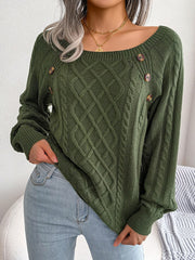 Round Neck Button Decor Cable Knit Pullover Sweater