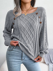 Round Neck Button Decor Cable Knit Pullover Sweater