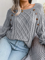 Round Neck Button Decor Cable Knit Pullover Sweater