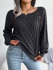 Round Neck Button Decor Cable Knit Pullover Sweater