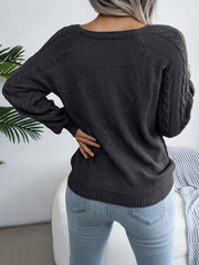 Round Neck Button Decor Cable Knit Pullover Sweater