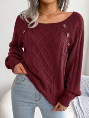 Round Neck Button Decor Cable Knit Pullover Sweater