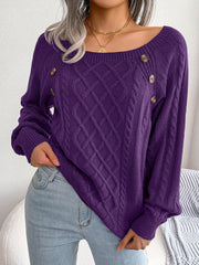 Round Neck Button Decor Cable Knit Pullover Sweater