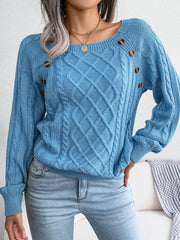 Round Neck Button Decor Cable Knit Pullover Sweater