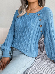 Round Neck Button Decor Cable Knit Pullover Sweater