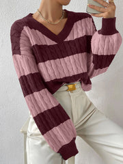 V Neck Striped Colorblock Cable Knit Sweater