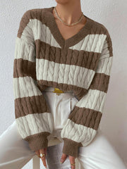 V Neck Striped Colorblock Cable Knit Sweater