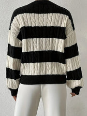 V Neck Striped Colorblock Cable Knit Sweater
